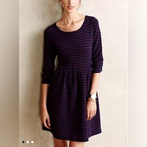 Anthropologie Maeve NWT Brenna Navy Striped Fit-and-Flare Dress 3/4 sleeve